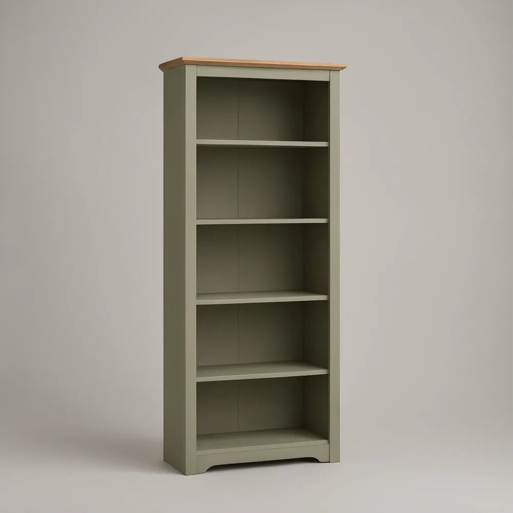 Olivově zelená knihovna z lakované MDF s dekorem přírodního dubu, 80 × 30 × 180 cm